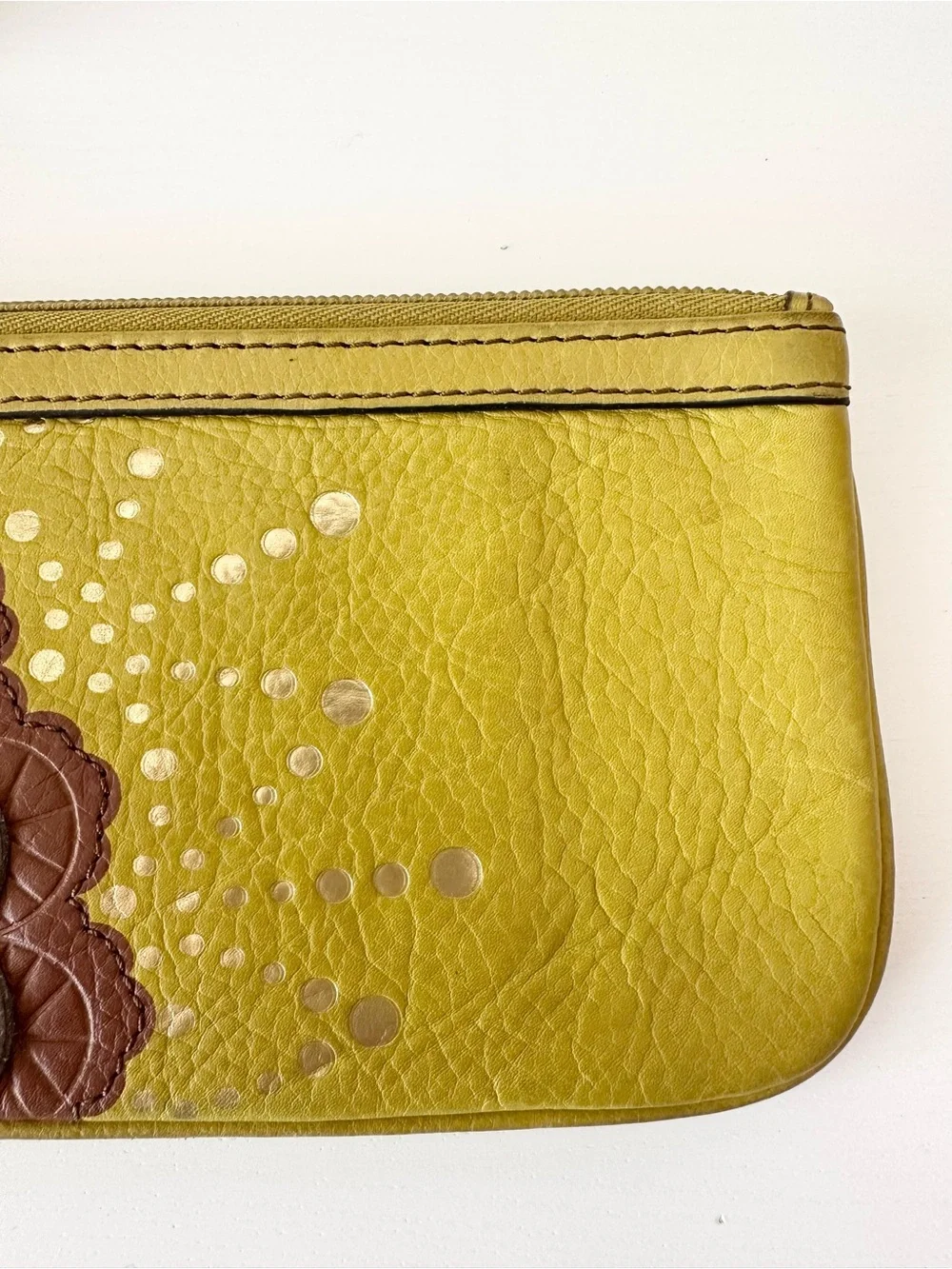 Fossil Chartreuse Leather Wristlet Clutch Applique Boho